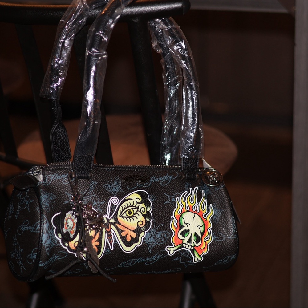 Black Designer Women's Bag with Skull and Butterfly Design